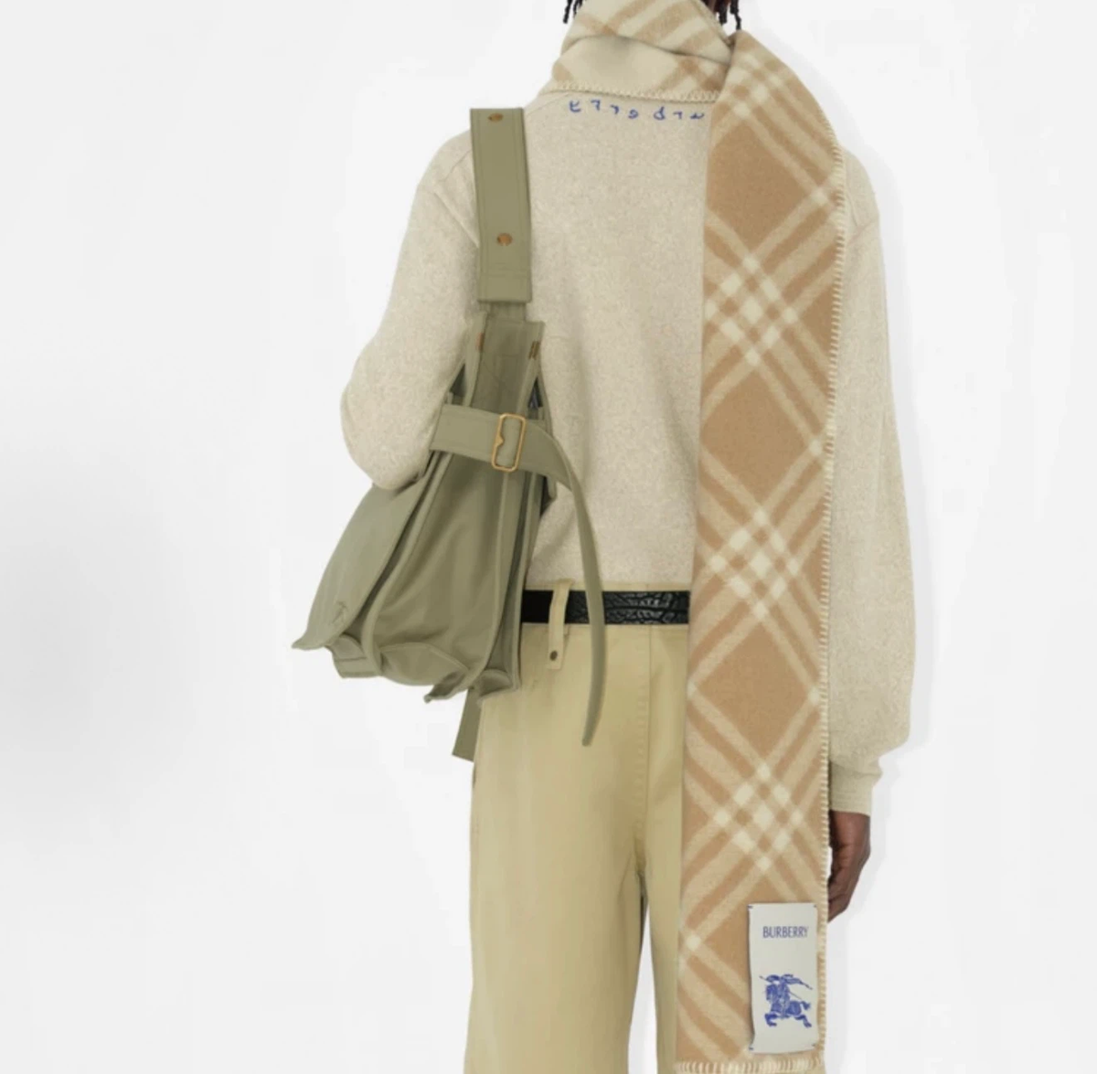 Burberry Unisex Wool Knit Scarf, Equestrian Knight Logo, Blanket‑Stitched Edge, Beige
